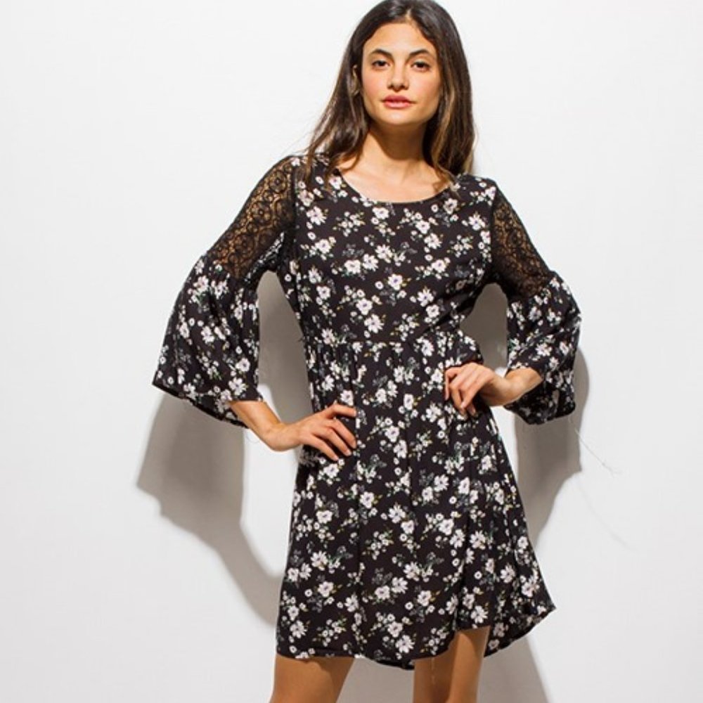 BRAND NEW Floral Dress with Peek-a-Boo Lace Sleeves